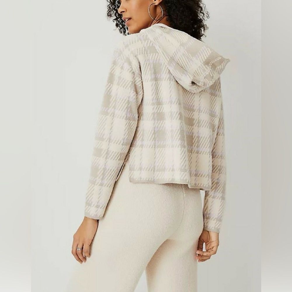 Ann Taylor Plaid Jacquard Beige Lavender Sweater Hoodie Cotton Blend Size XL EUC